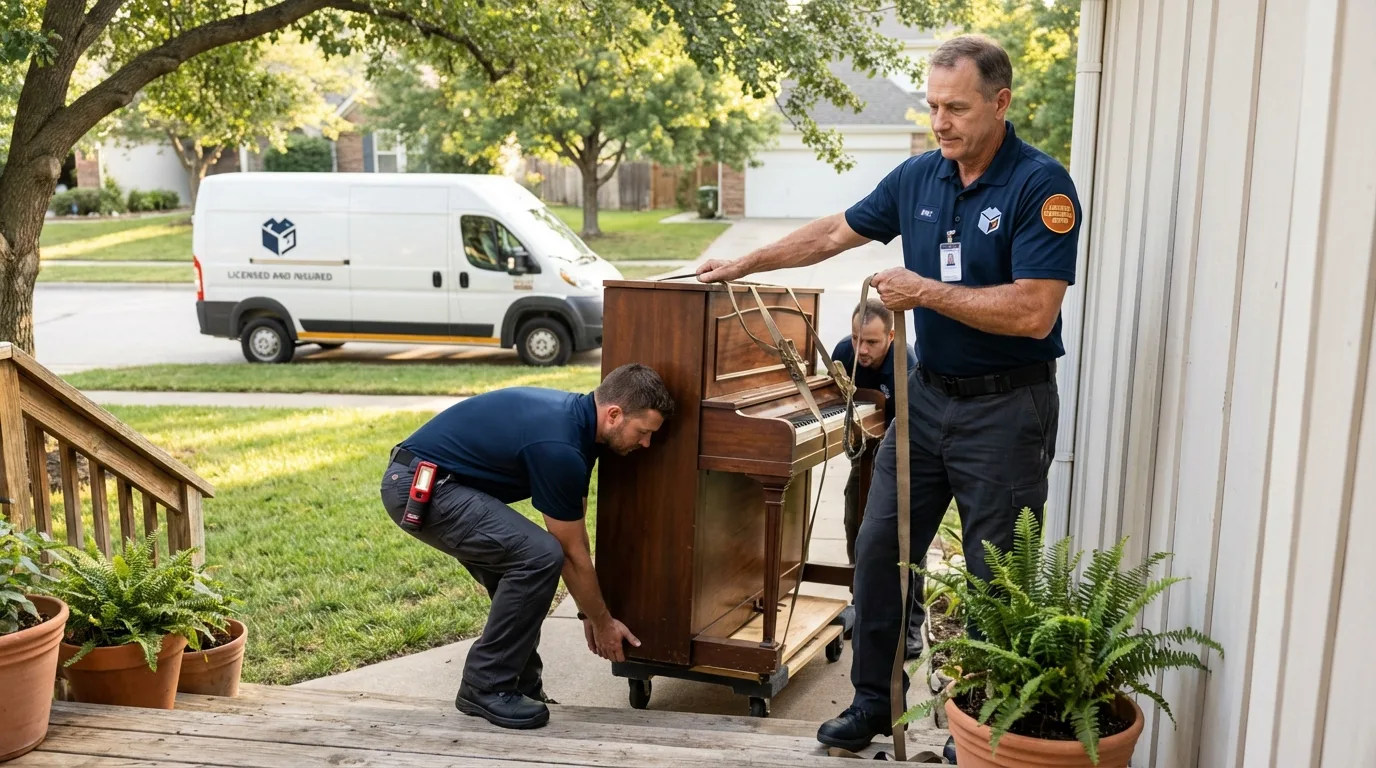 Licensed piano movers securing grand piano in Leonardo, NJ