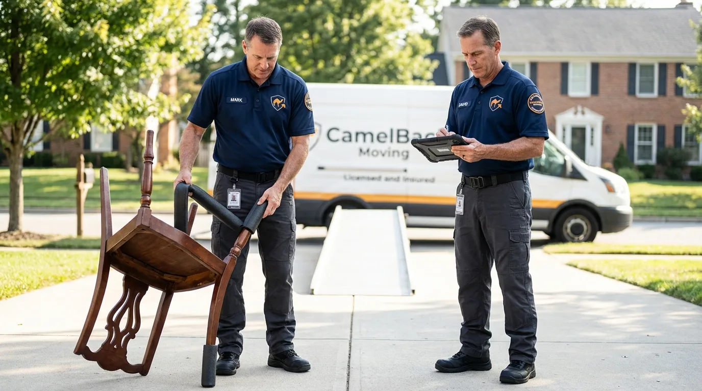 Movers inspecting furniture for damage prevention before loading in Leonardo, NJ
