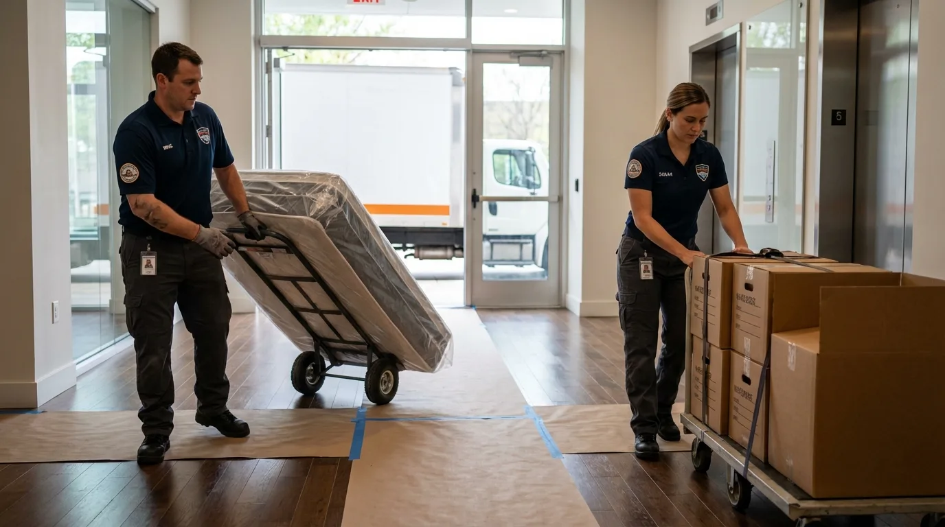 Professional apartment movers loading elevator in Leonardo, NJ