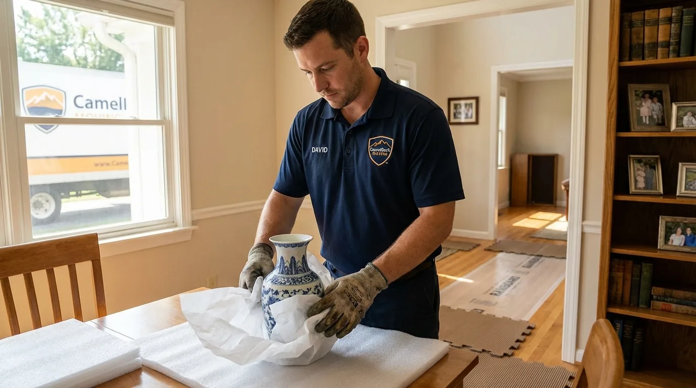 Professional crew carefully wrapping antique vase for senior downsizing move in Leonardo, NJ
