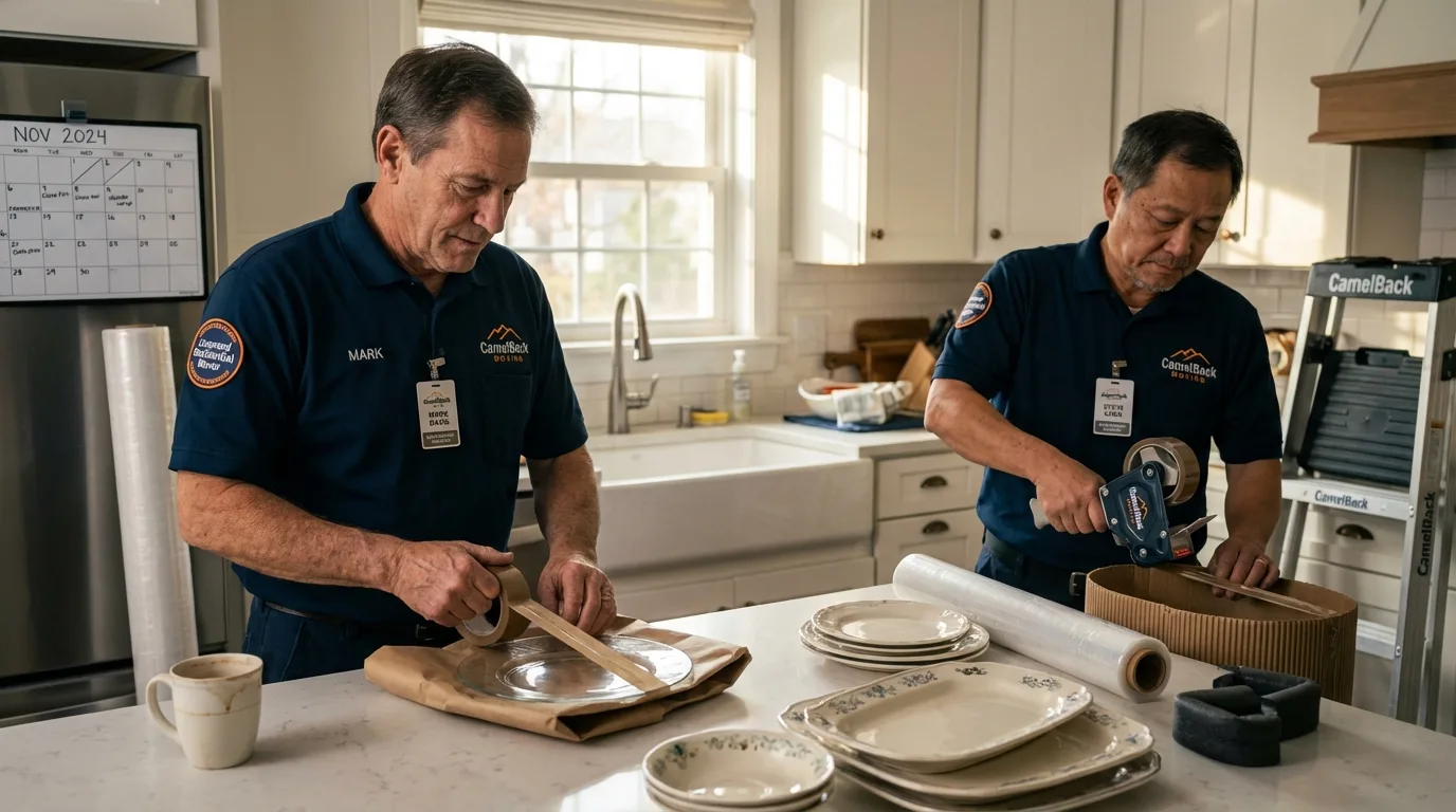 Professional crew packing kitchen dishware in Leonardo, NJ